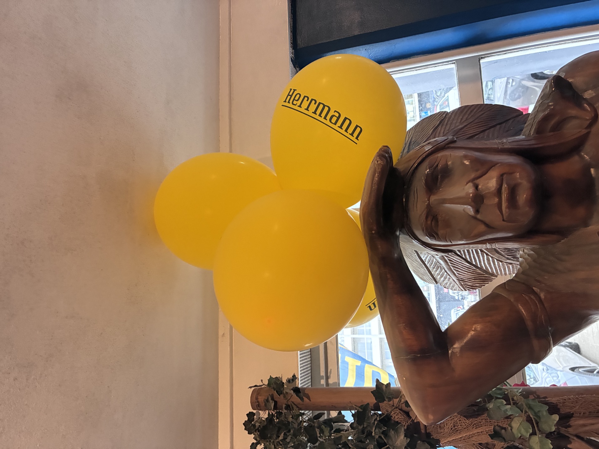 Gele Herrmann-ballonnen boven een houten beeld.